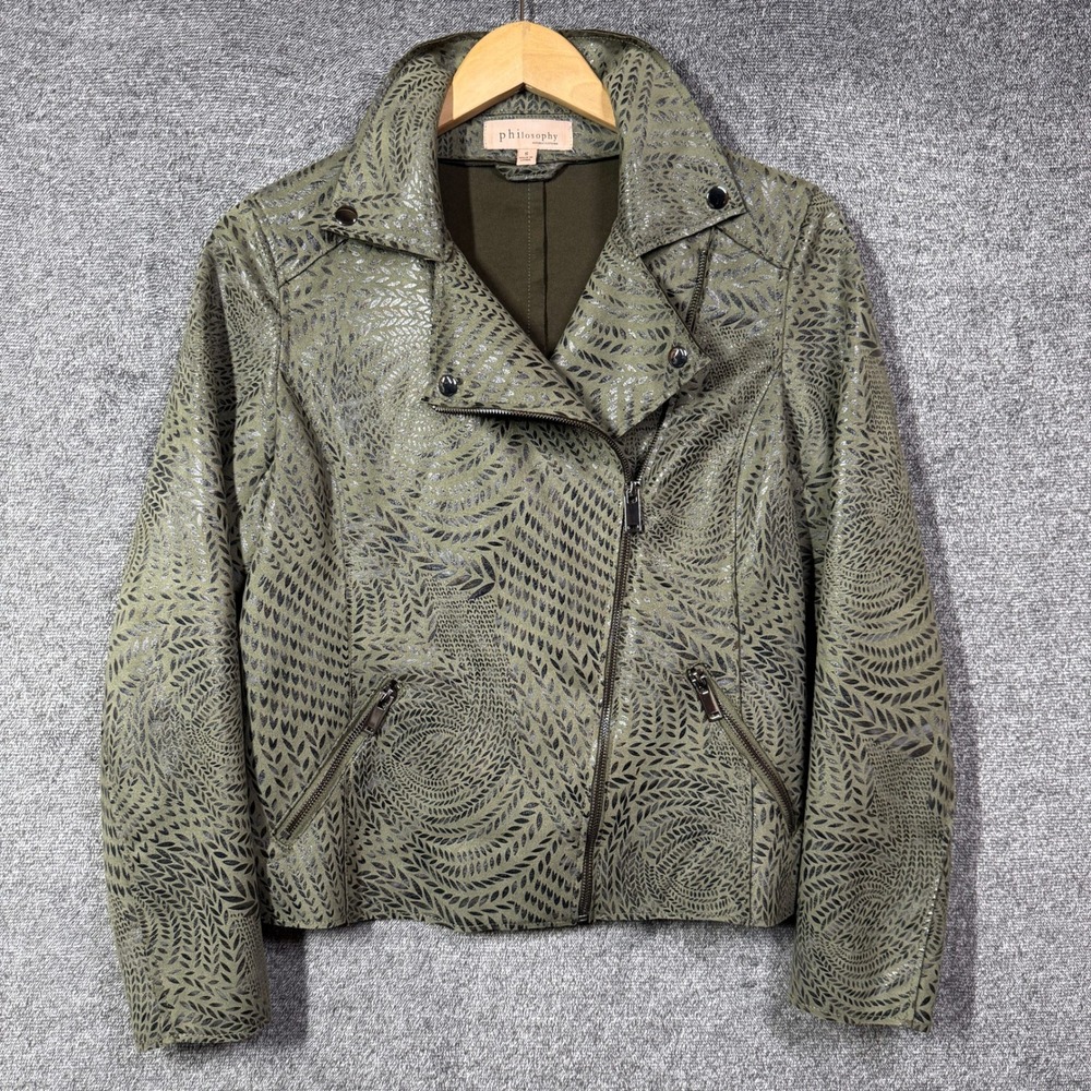 Philosophy Republic Moto Jacket S Olive Green Metallic Leaf Faux Leather